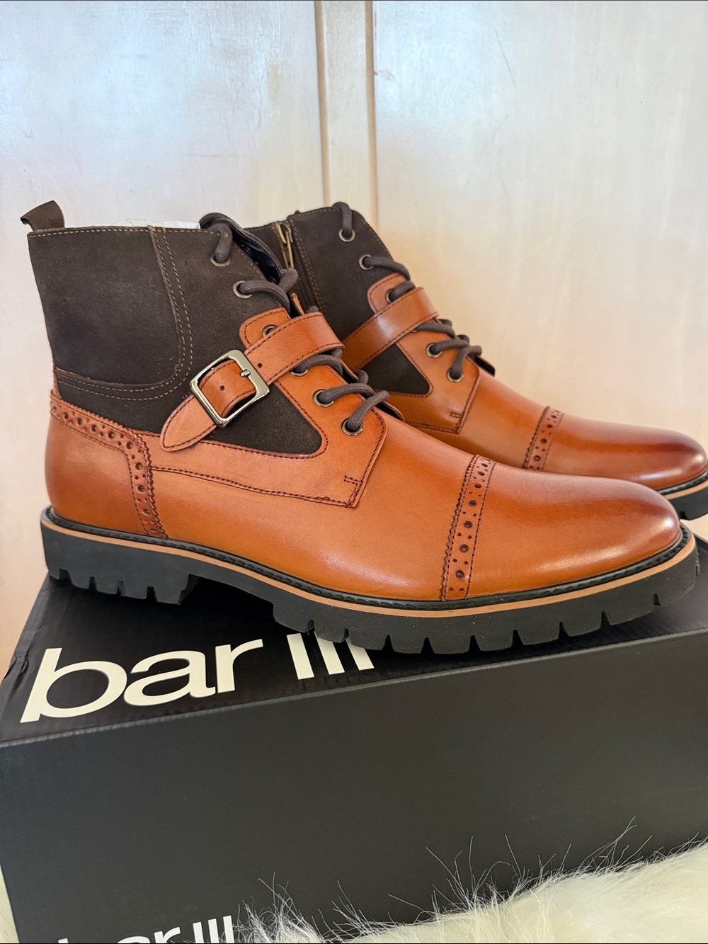 Bar III Men's Rylee Tan and Dark Brown Leather 12M Cap-Toe Ankle Dress Boots NIB